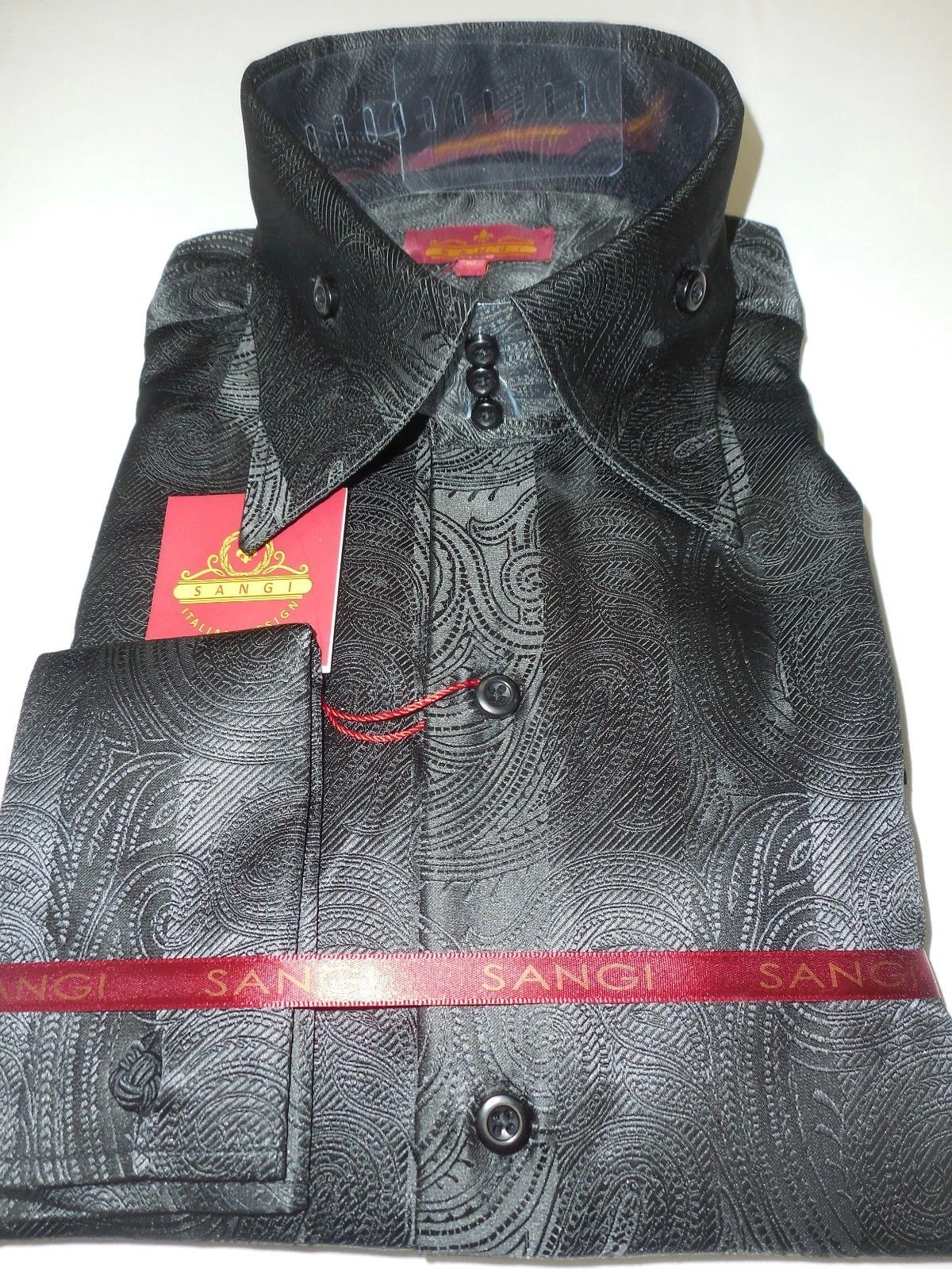 Camisa Paisley Negra Brillante Hombre, Diseño Elegante y Sofisticado SANGI 1043