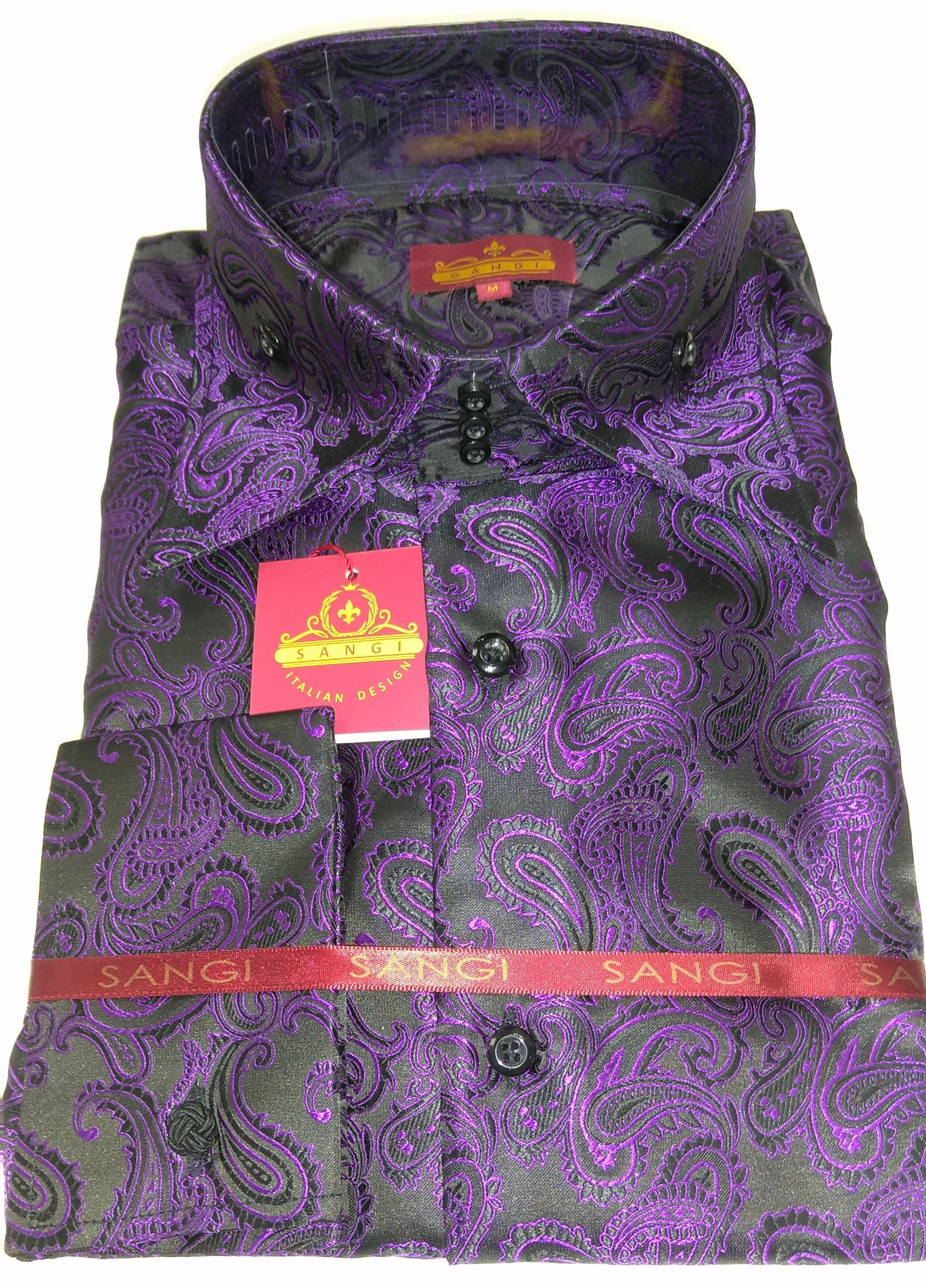 Camisa SANGI MILAN: Elegancia Paisley Negro y Morado, Cuello Alto, Puños Franceses, ¡Imprescindible!