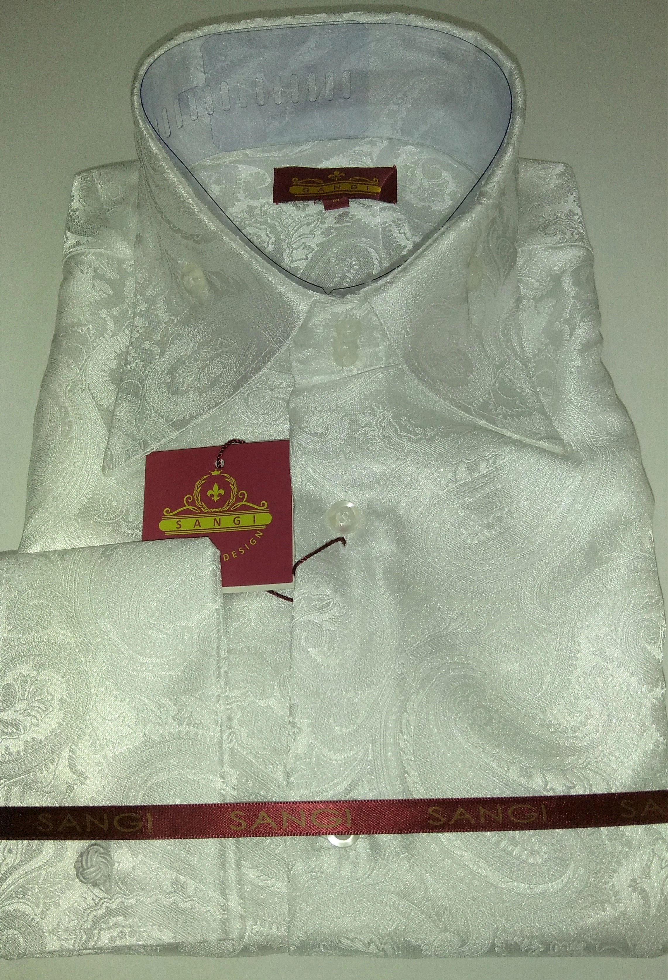 Camisa SANGI MILAN: Elegancia Blanca Paisley Brillante para Hombre, Cuello Alto, Colección #2035.