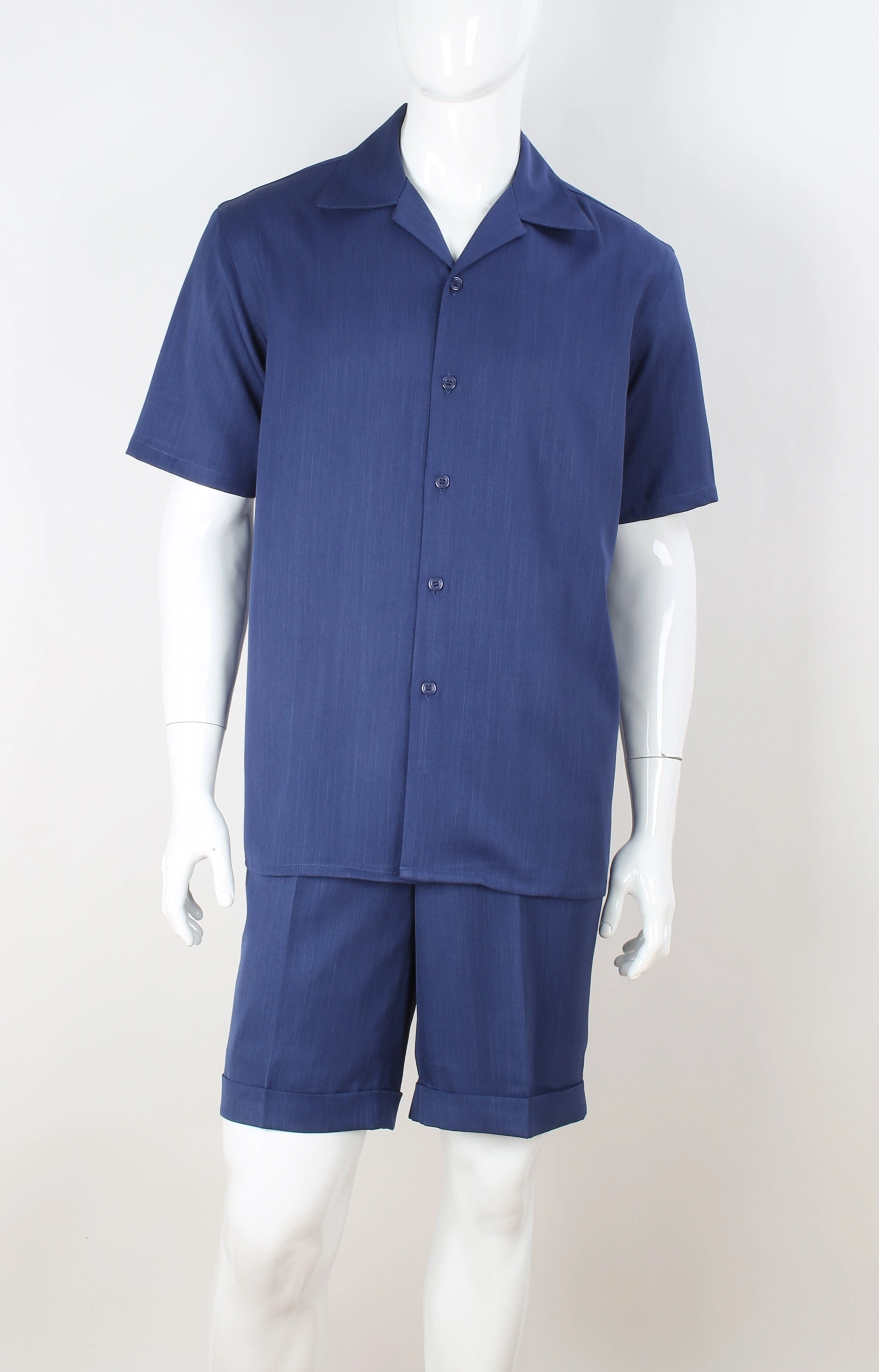 Conjunto de pantalones cortos y camisa para hombre, azul marino y royal, estilo elegante y casual.